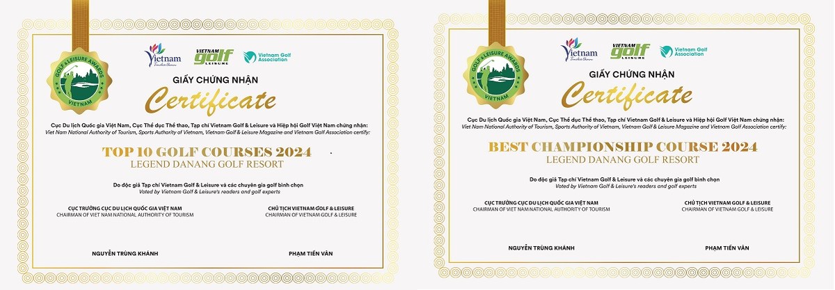Giấy chứng nhận giải thưởng của sân gôn Legend Danang Golf Resort tại Vietnam Golf &amp; Leisure Awards 2024