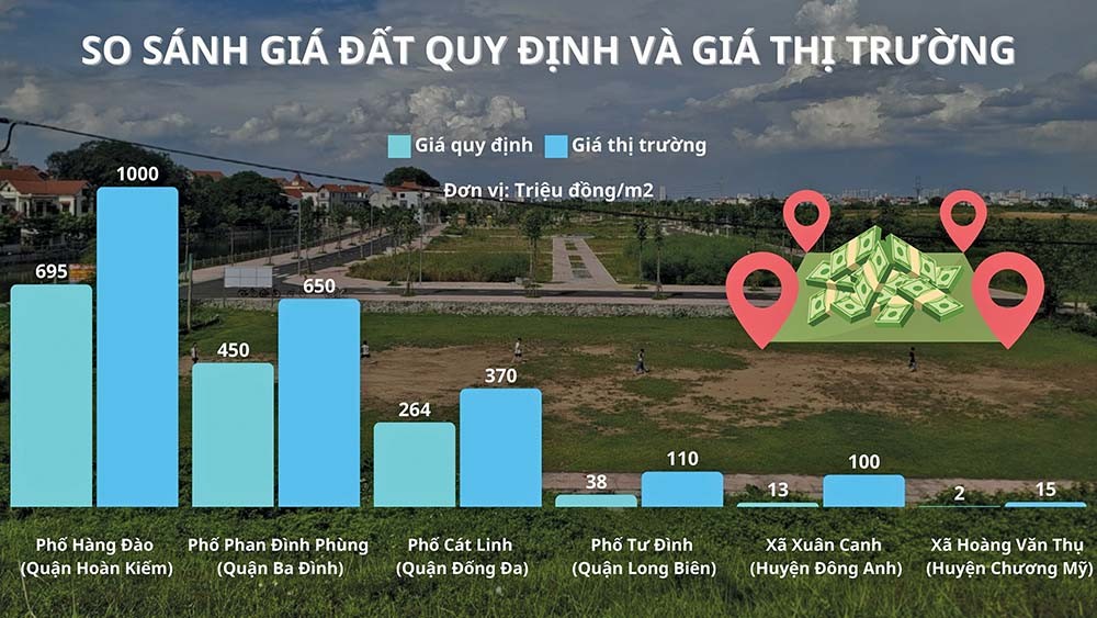 So sánh mức giá đất quy định và mức giá thị trường tại các quận huyện. Đồ hoạ: Thanh Vũ