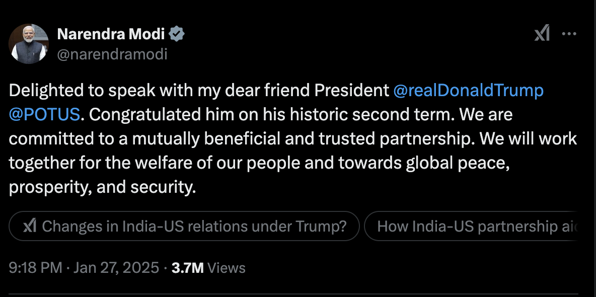 Chia sẻ của Thủ tướng Ấn Độ Narendra Modi về cuộc điện đàm với tân Tổng thống Mỹ Donald Trump ngày 27/1/2025. Ảnh chụp màn hình tài khoản mạng Trang Chủ KL99Com Số 1 Link Đăng Ký KL999 X của Thủ tướng Ấn Độ Narendra Modi