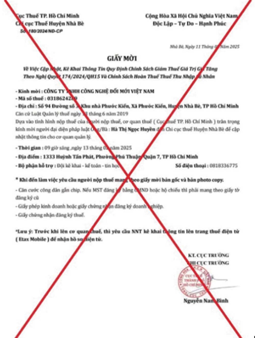 Một văn bản giả mạo cơ quan thuế gửi tới Kl991.com World Cup 2026 Chính Thức