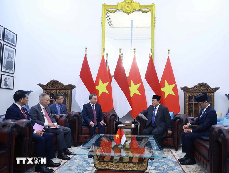 Tổng Bí thư Tô Lâm và Tổng thống Indonesia Prabowo Subianto gặp hẹp. Ảnh: TTXVN