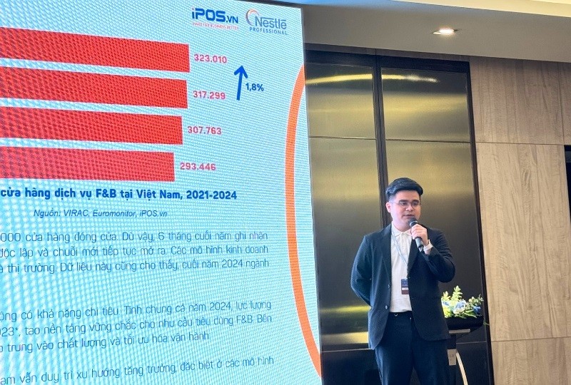 Ông Nguyễn Đỗ Anh Quân, Giám đốc nhãn hàng iPOS.vn đã trình bày tóm tắt Báo cáo thị trường Kl992 VIP Trang Chủ 2026 Ẩm thực tại Việt Nam năm 2024. Ảnh: Hồng Hạnh.