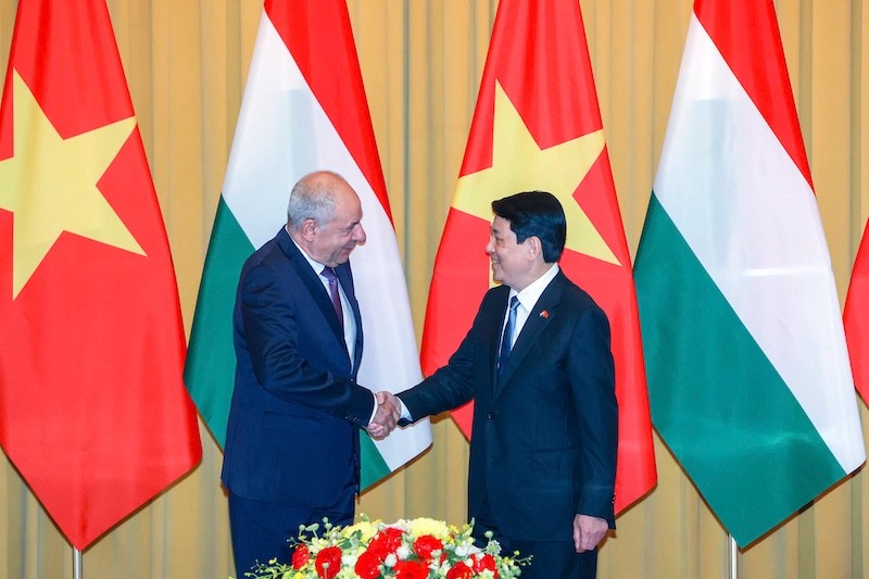 Sau Lễ đón, Chủ tịch nước Lương Cường và Tổng thống Sulyok Tamas dẫn đầu Đoàn cấp cao hai nước tiến hành hội đàm.