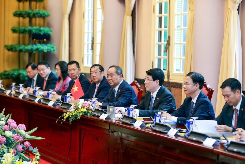 Chủ tịch nước Lương Cường và đoàn đại biểu cấp cao Việt Nam tham gia Hội đàm.