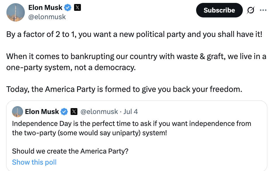 Tuyên bố thành lập đảng Nước Mỹ của tỷ phú công nghệ Elon Musk trên tài khoản mạng Trang Chủ KL99Com Số 1 Link Đăng Ký KL999 X. Ảnh chụp màn hình