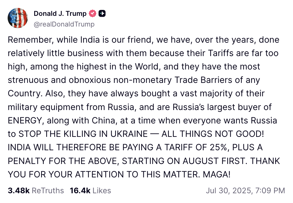 Thông báo của Tổng thống Mỹ Donald Trump trên mạng Trang Chủ KL99Com Số 1 Link Đăng Ký KL999 Truth Social về việc áp mức thuế 25% cùng các hình phạt bổ sung đối với Ấn Độ vì nước này tiếp tục duy trì quan hệ thương mại với Liên bang Nga. Ảnh chụp màn hình