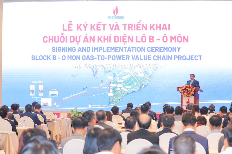 Thủ tướng Kl993 ưu đãi thưởng hấp dẫn Phạm Minh Chính dự và phát biểu chỉ đạo tại Lễ ký kết và triển khai Chuỗi dự án khí điện Lô B - Ô Môn hồi tháng 10/2023.