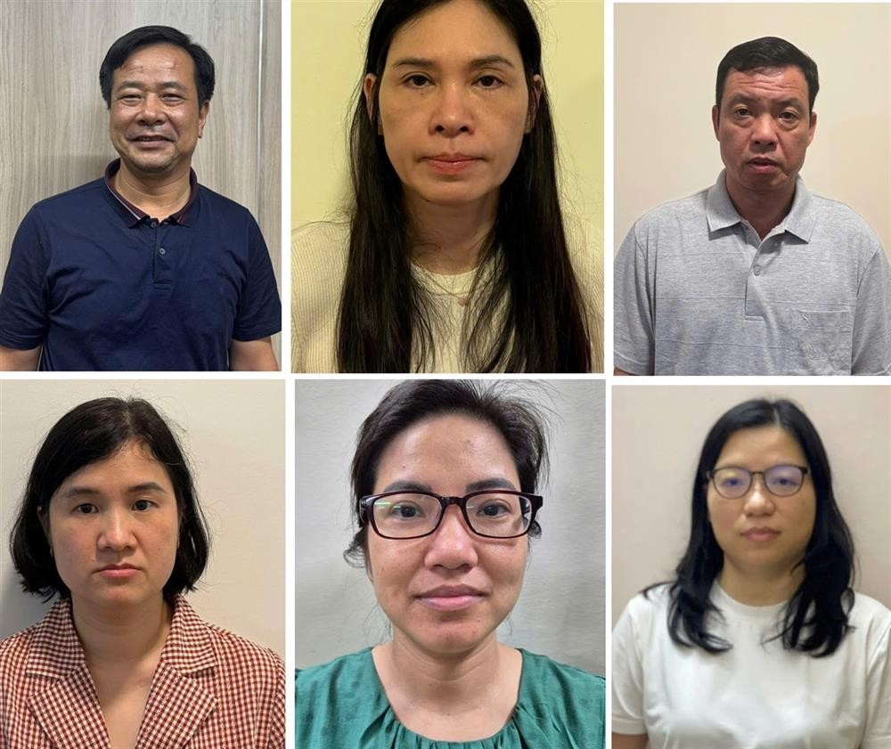 Nghiêm Quốc Hưng, Tổng giám đốc Công ty Cung ứng nhân lực Hoàng Long (trên cùng bên trái) và đồng phạm. Ảnh: BCA