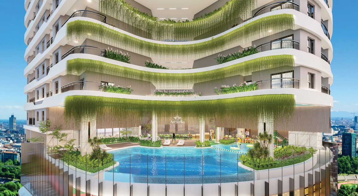 Một góc phối cảnh kiến trúc oval độc đáo và vườn treo xuyên tầng của ArtStella