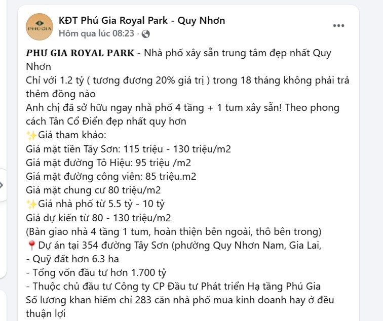 Một thông tin quảng cáo Dự án Phú Gia Royal Park Quy Nhơn của đại lý phân phối.