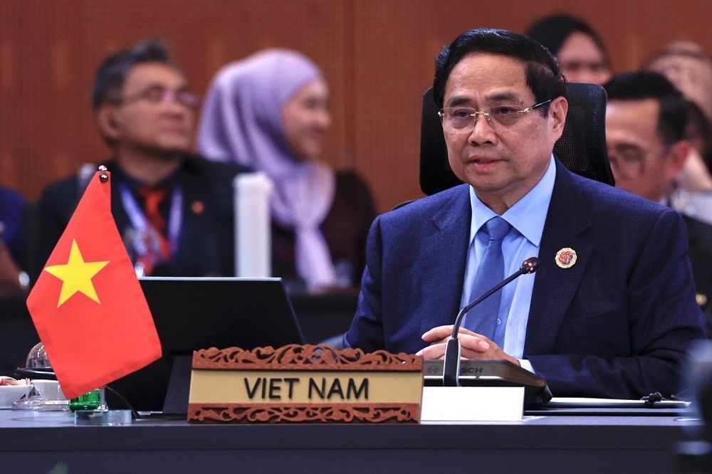 Thủ tướng Phạm Minh Chính chia sẻ một số quan điểm và đề xuất nhằm góp phần duy trì hòa bình, ổn định và thúc đẩy hợp tác trong khu vực. Ảnh: VGP/Nhật Bắc.
