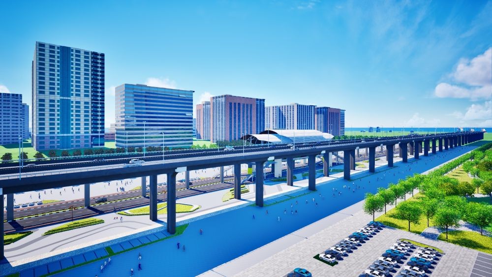 Một nhà ga tuyến monorail của Dự án Kl99ok phiên bản mới xây dựng Trục đại lộ cảnh quan sông Hồng.