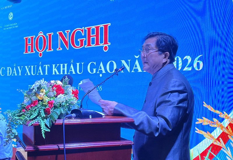 Ông Phạm Hoàng Lâm, Chủ tịch HĐQT Công ty cổ phần Lam Rice Group Inc phát biểu tại Hội nghị thúc đẩy xuất khẩu gạo năm 2026.