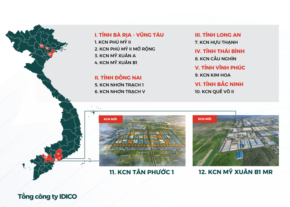 Hệ thống các KCN của IDICO. Ảnh: IDICO Hệ thống các KCN của IDICO. Ảnh: IDICO