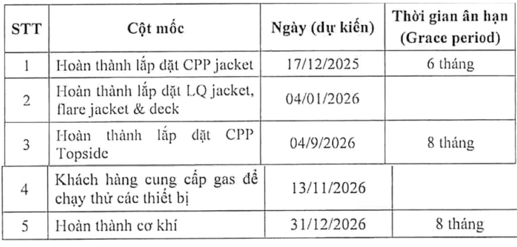 Một số cột mốc chính của dự án.
