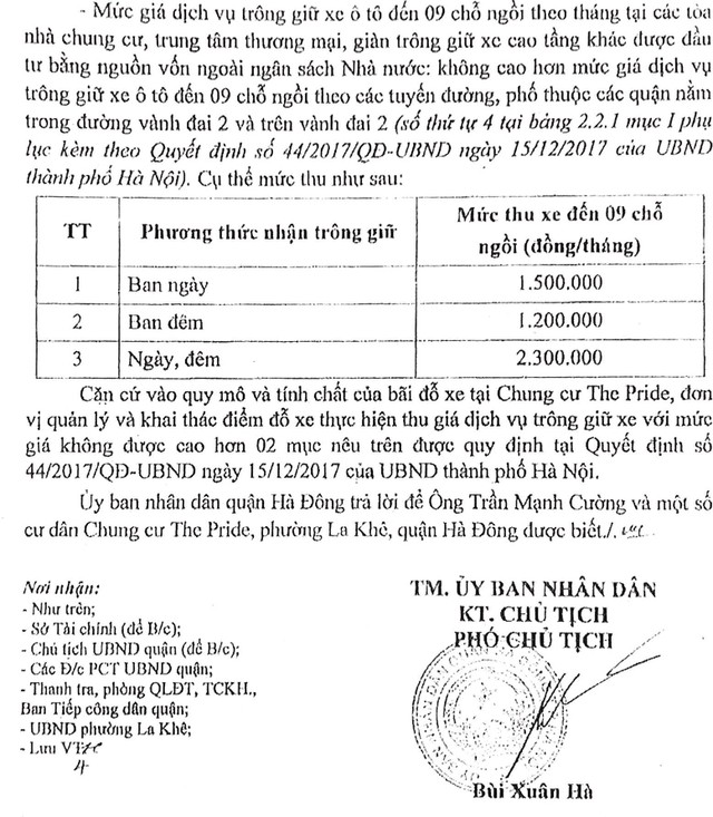 Phản hồi của UBND Quận Hà Đông về giá dịch vụ trông giữ xe tại bãi đỗ xe chung cư The Pride.
