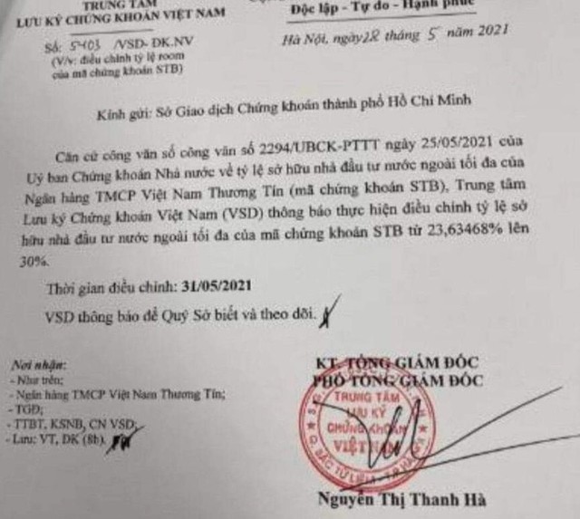 Văn bản nới room ngoại cho Link Vào Nhà Cái KL99 COM Tặng +199k Việt Nam Thương Tín (VietBank - mã 99Kl99 link đăng nhập VBB), nhưng VSD nhầm thành STB.