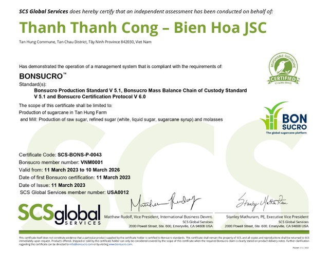 Nhà máy TTCS và Nông trường Tân Hưng, trực thuộc TTC AgriS vinh hạnh được Bonsucro chứng nhận đạt đủ các tiêu chuẩn về quy trình Kl994 nhà cái bóng đá world cup, tiêu chuẩn nguồn gốc của sản phẩm