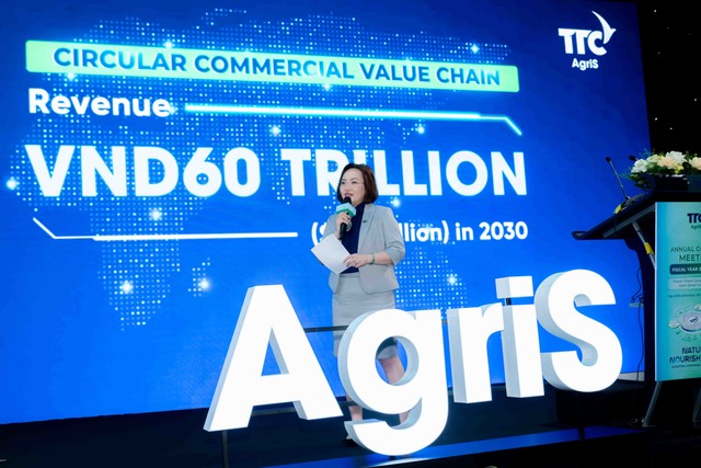 Bà Đặng Huỳnh Ức My - Phó Chủ tịch Hội đồng Quản trị TTC AgriS khẳng định: “Công ty tiếp tục bám sát định hướng về ứng dụng mô hình Chuỗi giá trị Thương mại tuần hoàn - Circular Commercial Value Chain và đặt mục tiêu Doanh thu đạt 60.000 tỷ vào năm 2030”.