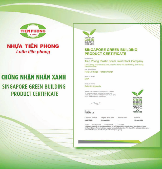 Năm 2024, Tiền Phong Nam đạt Chứng nhận Sản phẩm Công trình Xanh Singapore.