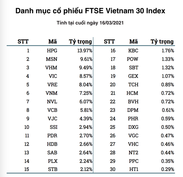 Danh mục chỉ số FTSE Vietnam 30