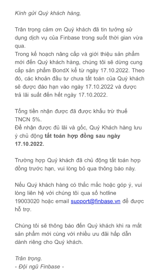 Email Finbase thông báo dừng sản phẩm BondX Email Finbase thông báo dừng sản phẩm BondX