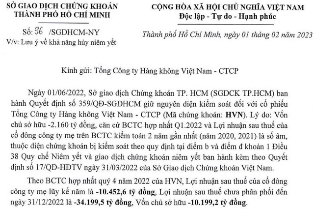 Thông báo của HOSE lưu ý khả năng hủy niêm yết của HVN.