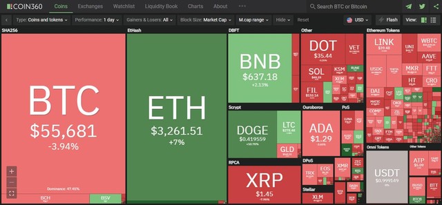 ETH, BNB và DOGE là điểm sáng trong phiên giao dịch ngày hôm nay. Nguồn: Coin360.