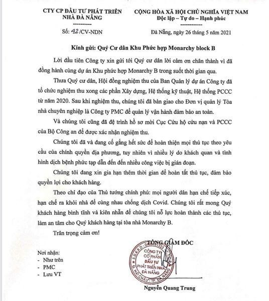 Thông báo của chủ Kl99ok phiên bản mới đến các hộ dân không nhắc đến việc phải di dời theo yêu cầu của chính quyền sở tại.