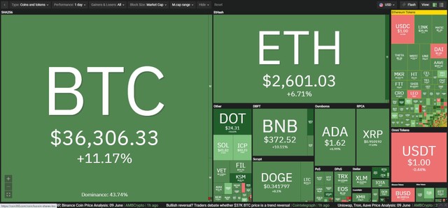 Thị trường tràn ngập sắc xanh trong phiên giao dịch ngày hôm nay. Nguồn: Coin360.