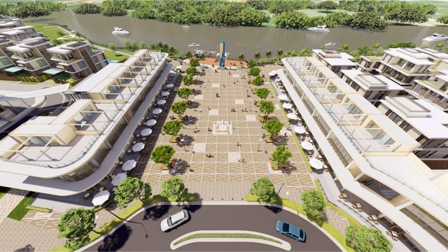 Bến thuyền và quảng trường Marina phía trước khu biệt thự compound The Mizuki là nơi để cư dân trải nghiệm đa dạng tiện ích hạng sang và kết nối với cộng đồng.