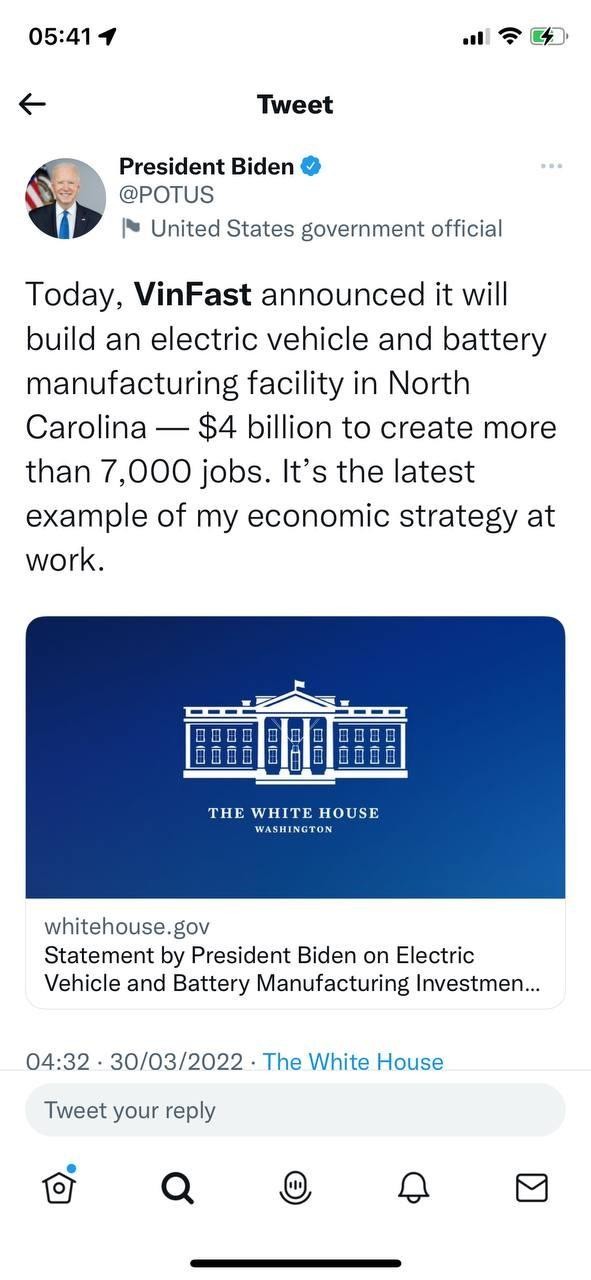 Tổng thống Mỹ Joe Biden vui mừng thông báo VinFast sẽ đặt nhà máy tại bang Bắc Carolina và cho rằng đây là một ví dụ điển hình cho chiến lược phát triển Kl992 cổng game cá cược của Mỹ hiện nay.