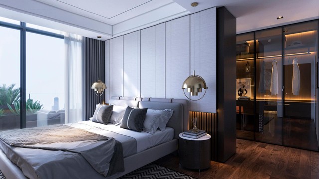 Phòng ngủ tại Sky Villa được sang trọng, hiện đại với tầm view khoáng đạt.