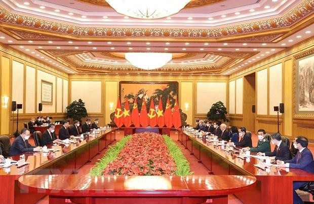 Tổng Bí thư Nguyễn Phú Trọng hội đàm với Tổng Bí thư, Chủ tịch Trung Quốc Tập Cận Bình. (Ảnh: Trí Dũng/TTXVN).