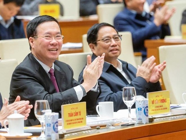 Thủ tướng Phạm Minh Chính, Thường trực Ban Bí thư Võ Văn Thưởng dự Hội nghị. (Ảnh: TTXVN).
