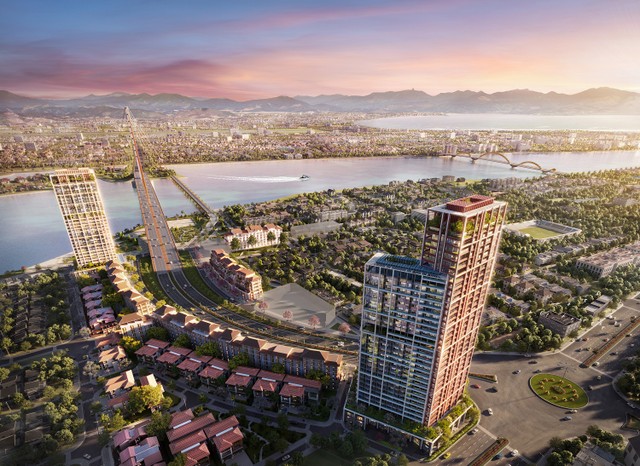 Kề cận sông Hàn, kiến trúc Sun Cosmo Residence Da Nang khai thác tối ưu lợi thế vị trí. Ảnh phối cảnh minh họa.