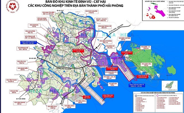 Bản đồ KKT Đình Vũ - Cát Hải và các KCN trên địa bàn Thành phố Hải Phòng.