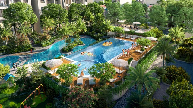Cây xanh và mặt nước chiếm phần lớn diện tích tại Feliz Homes.