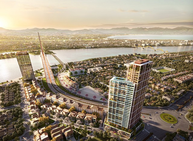 Sun Cosmo Residence Da Nang kề cận sông Hàn và cầu Trần Thị Lý. Ảnh phối cảnh minh họa.