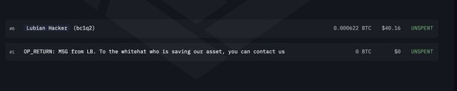 Tin nhắn OP_RETURN từ LuBian gửi đến hacker.