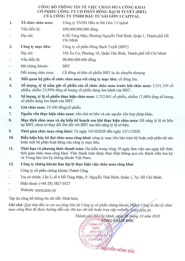 Công ty TNHH Kl99ok phiên bản mới Sài Gòn 3 Capital thông báo chào mua công khai KL99 là cổng game giải trí trực tuyến hàng đầu hiện nay CTCP Bông Bạch Tuyết (BBT) ảnh 1