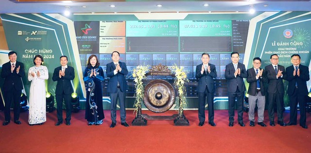 Thứ trưởng Bộ Kl991.com nạp rút nhanh Nguyễn Đức Chi thực hiện nghi thức đánh cồng khai trương phiên giao dịch đầu năm 2024 tại Sở GDCK Hà Nội
