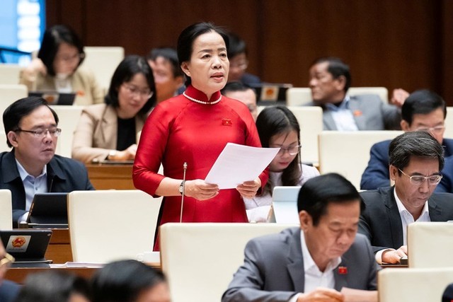 Đại biểu Nguyễn Thị Kim Thúy phát biểu tại hội trường.