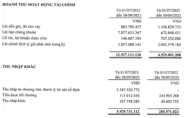 Cơ cấu doanh thu Kl991.com nạp rút nhanh và thu nhập khác trong quý III/2023