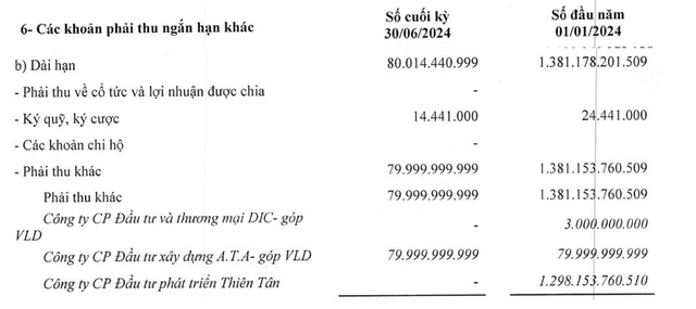 Phải thu khác dài hạn trong nửa đầu năm 2024 giảm mạnh do phải thu CTCP Kl99ok phiên bản mới Phát triển Thiên Tân giảm mạnh