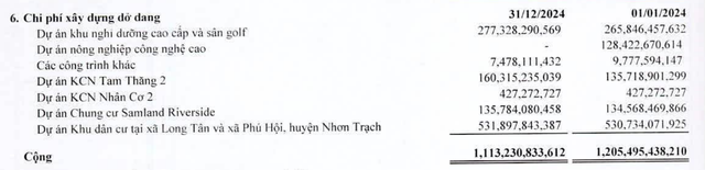 Cơ cấu chi phí xây dựng dở dang của SAM Holdings tại thời điểm cuối năm 2024
