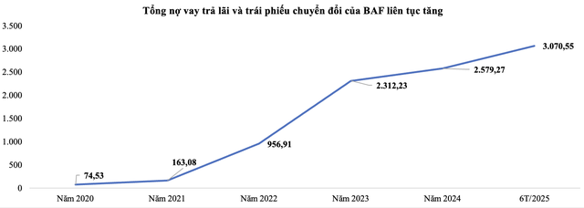 Tổng nợ vay trả lãi và Kl99kl Hoàn Trả Vô Tận chuyển đổi của BAF liên tục tăng (đơn vị: Tỷ VNĐ).