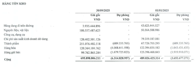 TMT tăng tồn kho và đồng thời tăng trích lập dự phòng trong 9 tháng đầu năm 2025.