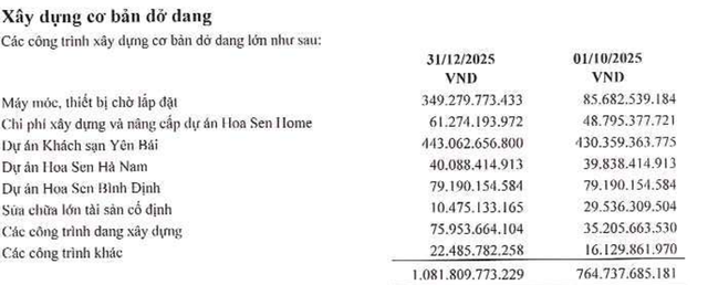 Cơ cấu xây dựng cơ bản dở dang của Hoa Sen tại thời điểm 31/12/2025.