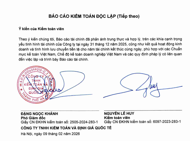 Công ty TNHH Kiểm toán và Định giá Quốc tế kiểm toán Báo cáo năm 2025 của CTCP Cao su Hoà Bình.
